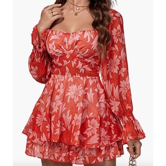 Red Floral Printed Chiffon Ruffle Long Sleeve Romper Short Playsuit Jumpsuit - Picture 3 of 7